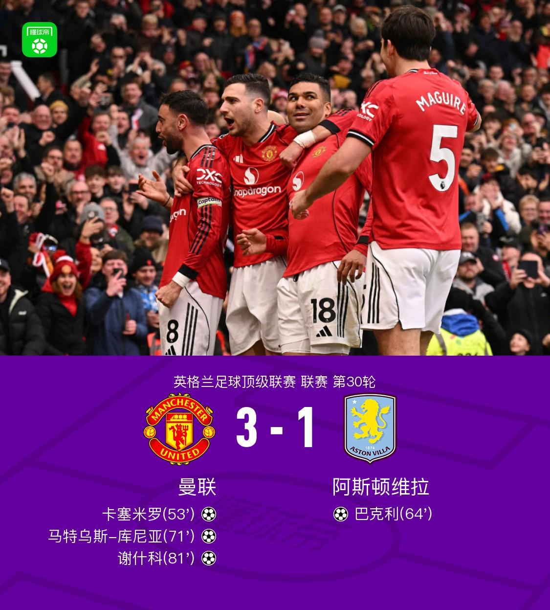 预测游戏-剑南春丨曼联3-1维拉，B费两助攻，卡塞米罗、谢什科破门